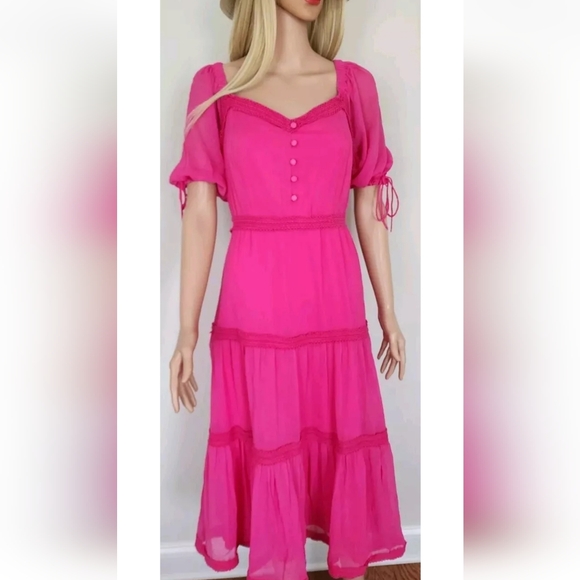 RACHEL PARCELL MAGENTA TIERED SHORT SLEEVES SUNDAY PARTY MIDI DRESS MEDIUM M NWT - Picture 1 of 16